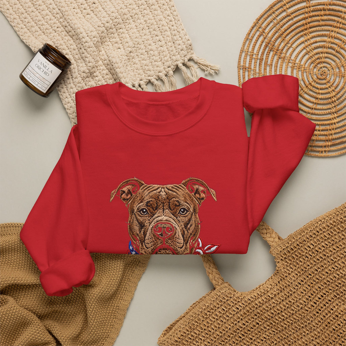 Patriotic Pit Bull Sweatshirt – Embroidered-Style American Flag Dog Crewneck