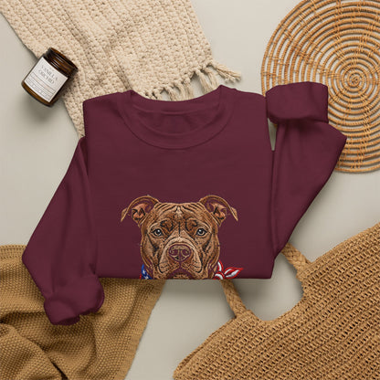 Patriotic Pit Bull Sweatshirt – Embroidered-Style American Flag Dog Crewneck