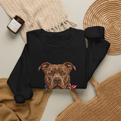 Patriotic Pit Bull Sweatshirt – Embroidered-Style American Flag Dog Crewneck
