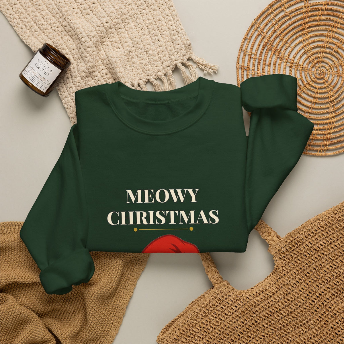 Meowy Christmas Cat Sweatshirt – Vintage Cat in Santa Hat, Funny Cat Lover Christmas Crewneck Gift