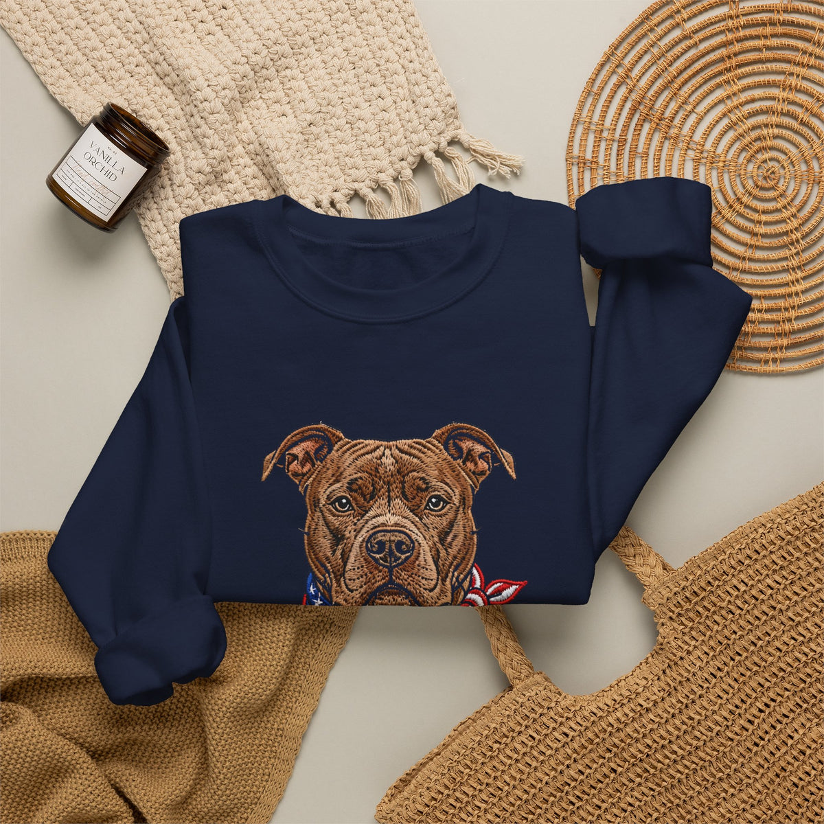 Patriotic Pit Bull Sweatshirt – Embroidered-Style American Flag Dog Crewneck