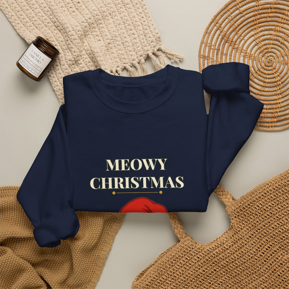 Meowy Christmas Cat Sweatshirt – Vintage Cat in Santa Hat, Funny Cat Lover Christmas Crewneck Gift