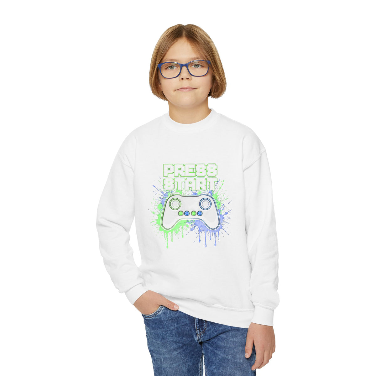 Press Start Youth Gamer Sweatshirt – Neon Video Game Crewneck for Kids
