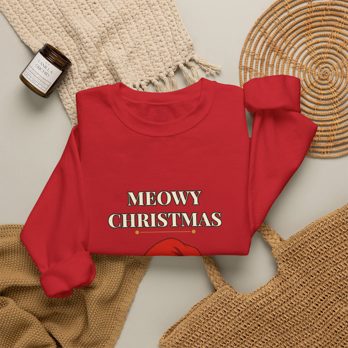 Meowy Christmas Cat Sweatshirt – Vintage Cat in Santa Hat, Funny Cat Lover Christmas Crewneck Gift