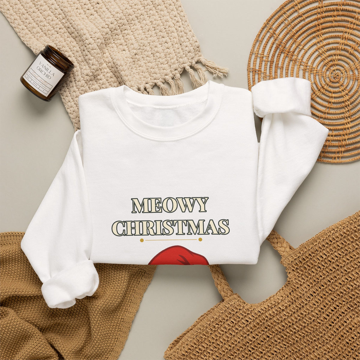 Meowy Christmas Cat Sweatshirt – Vintage Cat in Santa Hat, Funny Cat Lover Christmas Crewneck Gift