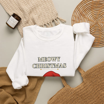 Meowy Christmas Cat Sweatshirt – Vintage Cat in Santa Hat, Funny Cat Lover Christmas Crewneck Gift