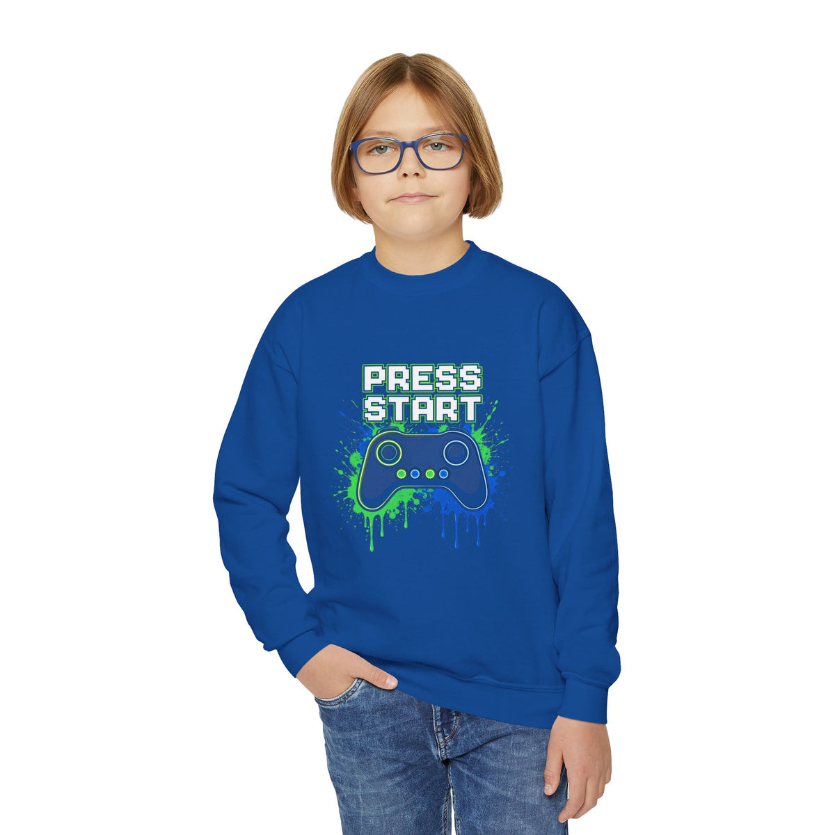 Press Start Youth Gamer Sweatshirt – Neon Video Game Crewneck for Kids