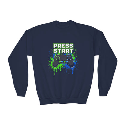 Press Start Youth Gamer Sweatshirt – Neon Video Game Crewneck for Kids
