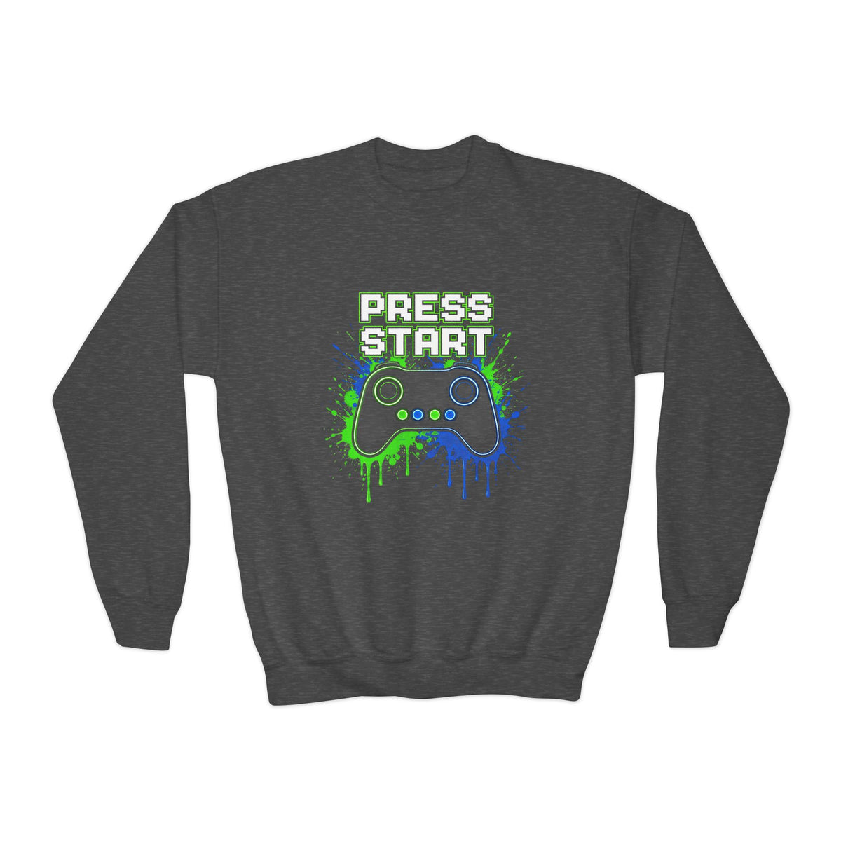 Press Start Youth Gamer Sweatshirt – Neon Video Game Crewneck for Kids