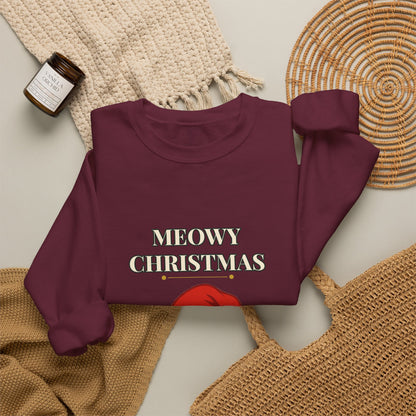 Meowy Christmas Cat Sweatshirt – Vintage Cat in Santa Hat, Funny Cat Lover Christmas Crewneck Gift