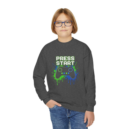 Press Start Youth Gamer Sweatshirt – Neon Video Game Crewneck for Kids