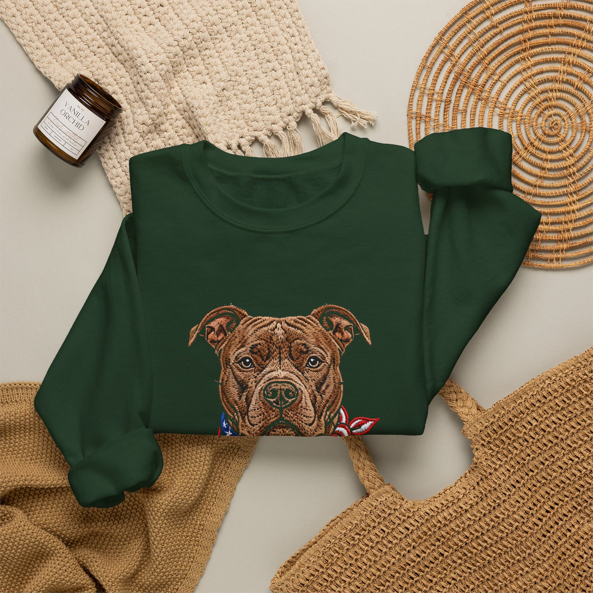 Patriotic Pit Bull Sweatshirt – Embroidered-Style American Flag Dog Crewneck