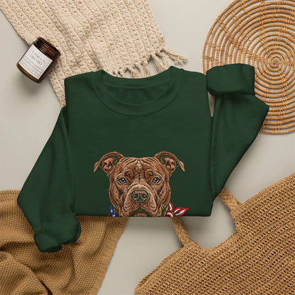 Patriotic Pit Bull Sweatshirt – Embroidered-Style American Flag Dog Crewneck