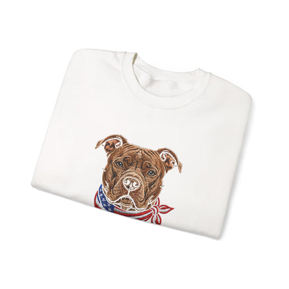 Patriotic Pit Bull Sweatshirt – Embroidered-Style American Flag Dog Crewneck