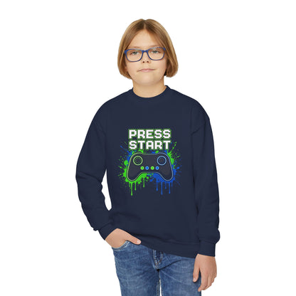 Press Start Youth Gamer Sweatshirt – Neon Video Game Crewneck for Kids
