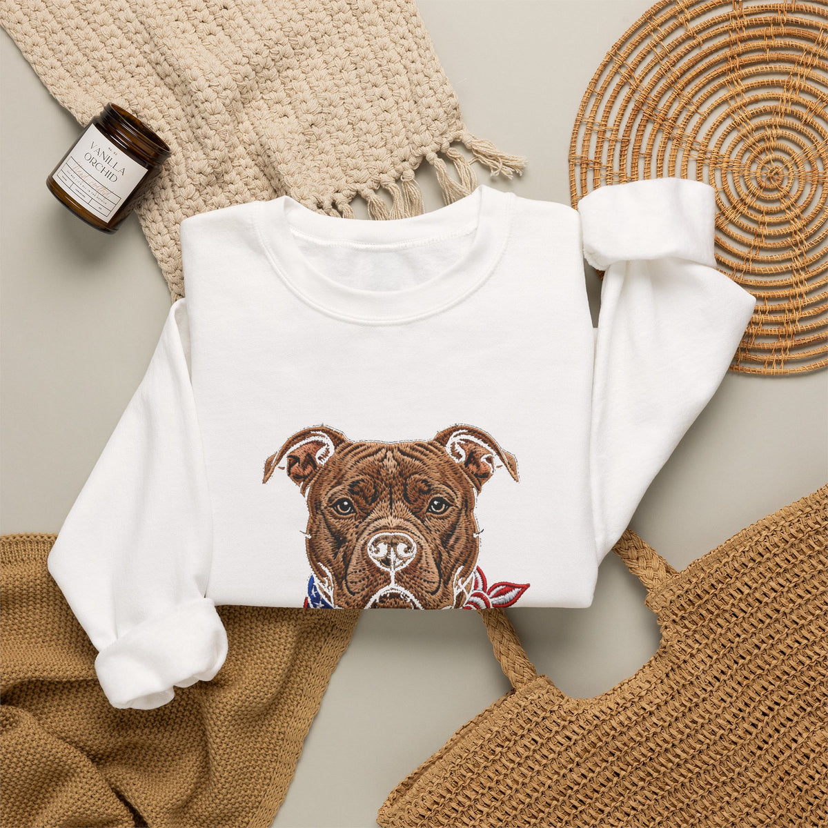 Patriotic Pit Bull Sweatshirt – Embroidered-Style American Flag Dog Crewneck