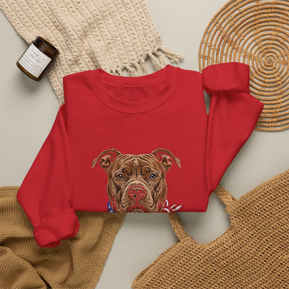 Patriotic Pit Bull Sweatshirt – Embroidered-Style American Flag Dog Crewneck