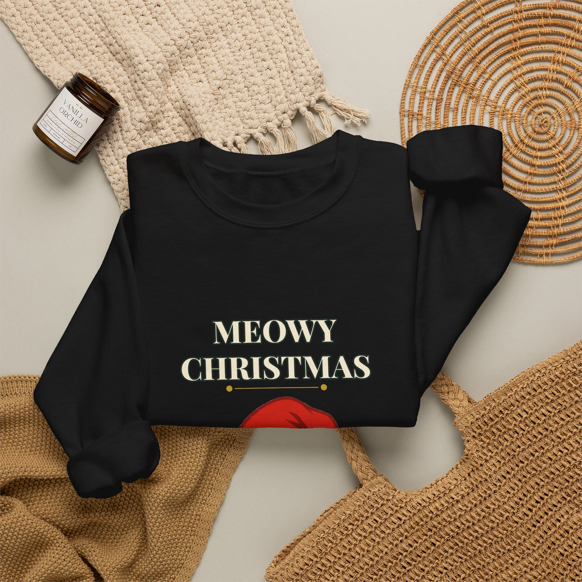 Meowy Christmas Cat Sweatshirt – Vintage Cat in Santa Hat, Funny Cat Lover Christmas Crewneck Gift