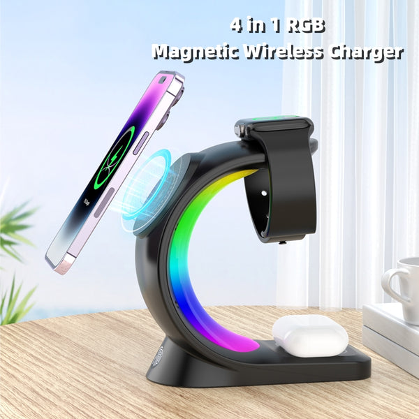Dsflair 4-in-1 Magnetic Wireless Charger ⚡📱 with Atmosphere Light for iPhone, Airpods Pro, and Apple Watch ⌚