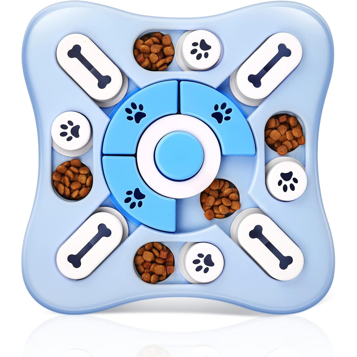 Dog puzzle treat dispenser with kibble in compartments