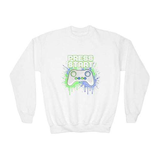 Press Start Youth Gamer Sweatshirt – Neon Video Game Crewneck for Kids