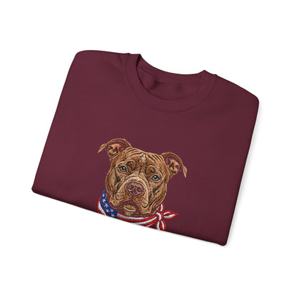 Patriotic Pit Bull Sweatshirt – Embroidered-Style American Flag Dog Crewneck