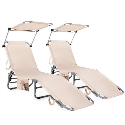 Adjustable Outdoor Beach Patio Pool Recliner with Sun Shade - Color: Beige
