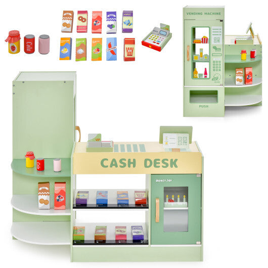 Kids Wooden Supermarket Play Toy Set with Checkout Counter-Green