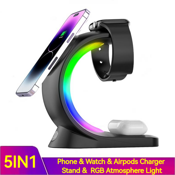 Dsflair 4-in-1 Magnetic Wireless Charger ⚡📱 with Atmosphere Light for iPhone, Airpods Pro, and Apple Watch ⌚