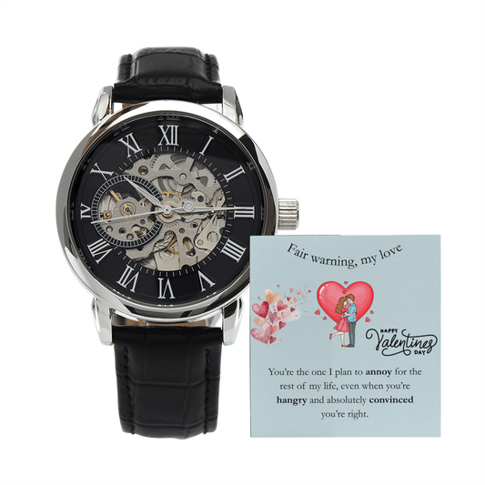 Fair Warning, My Love Funny Valentine’s Gift for Him Men’s Automatic Openwork Watch with Genuine Black Leather Band - Dsflair
