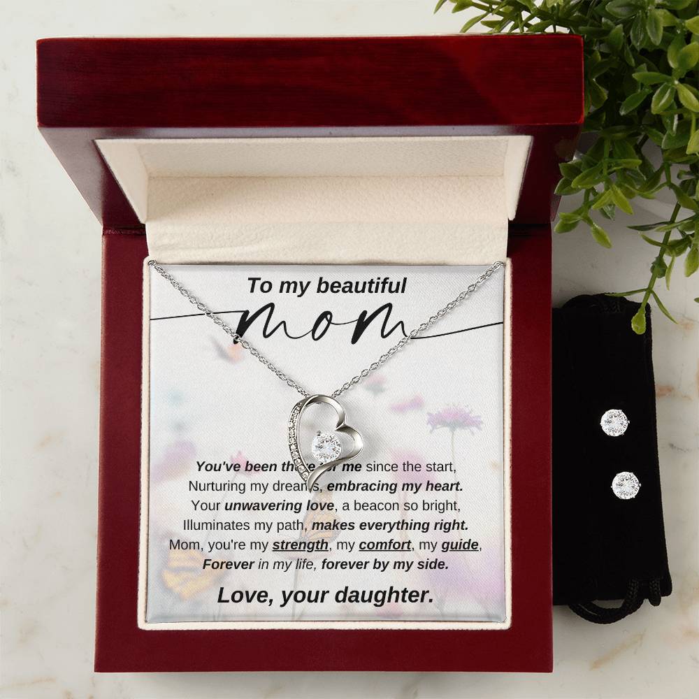 Forever Love Necklace & Clear CZ Earrings Bundle: Timeless Gifts for Mom