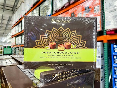 Dubai chocolates box on Costco shelf